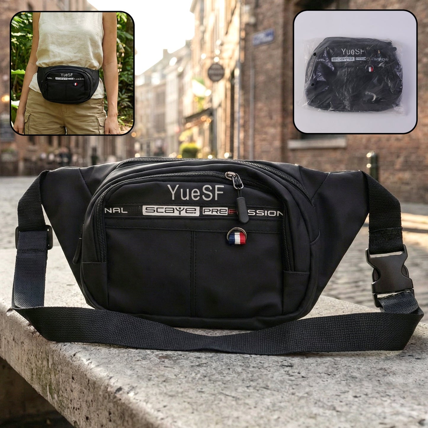 Stylish Multi-Pocket Black Waist Bag / Fanny Pack (1 Pc)