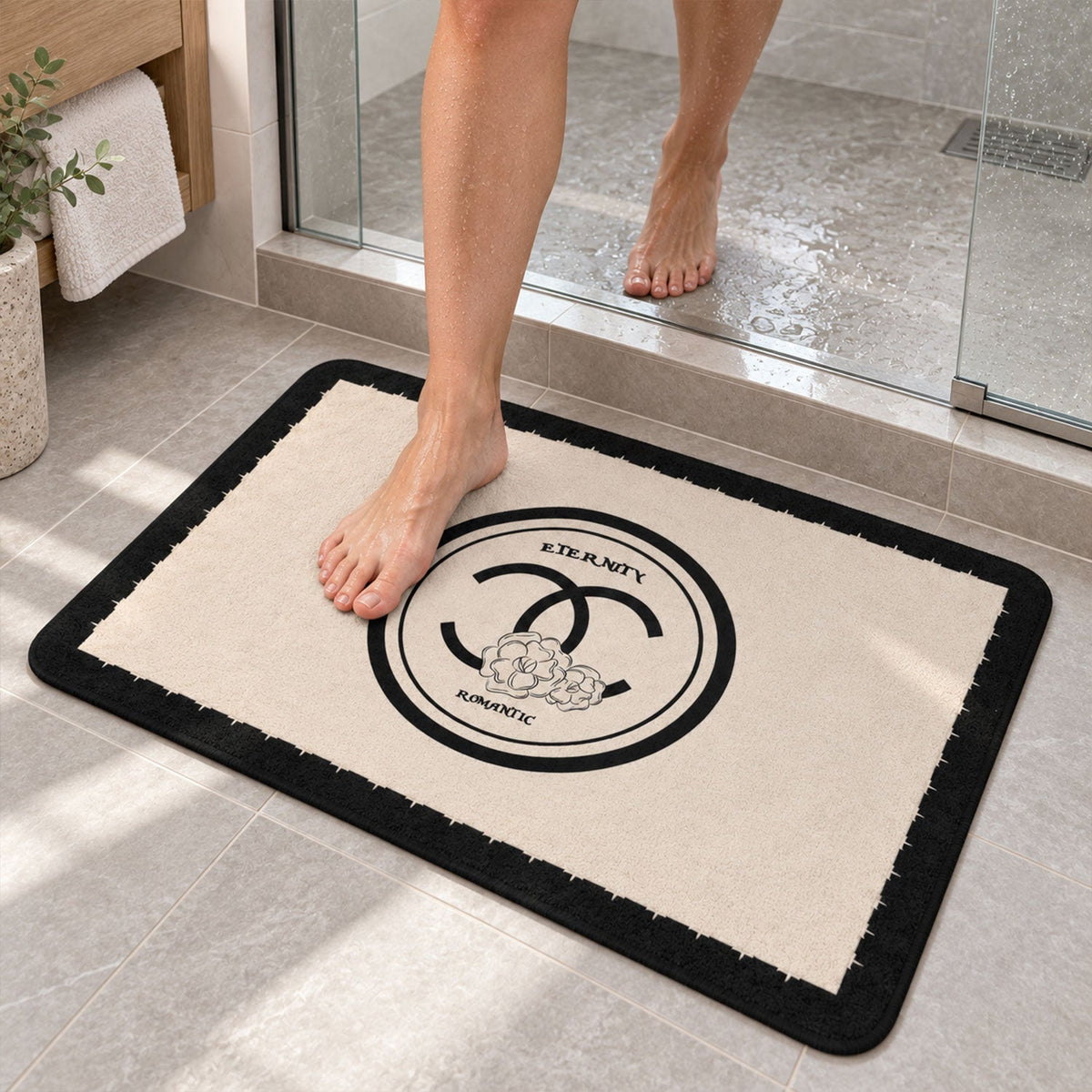 Black cream bath mat textured absorbent rug