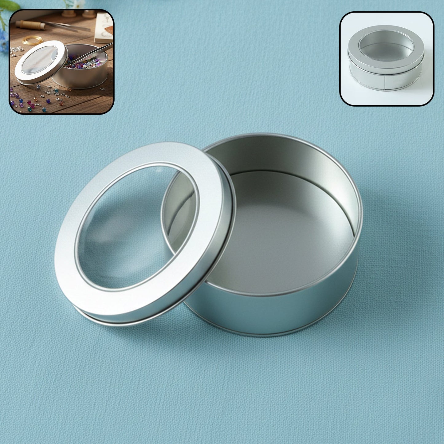 Round metal storage tin box with transparent window lid for jewelry and craft storage