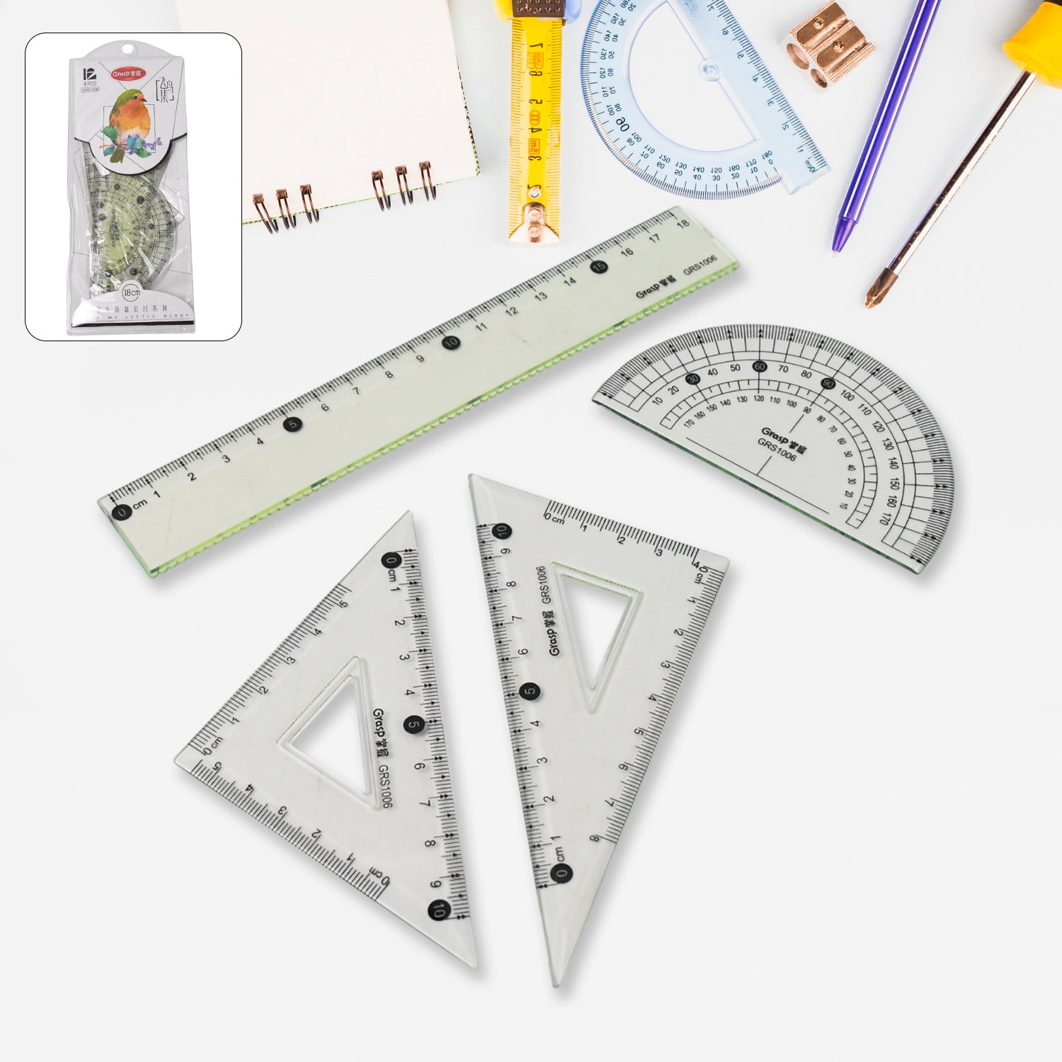 4-Piece Geometry Set, Triangle Ruler Protractor Straight Ruler– Natation.in