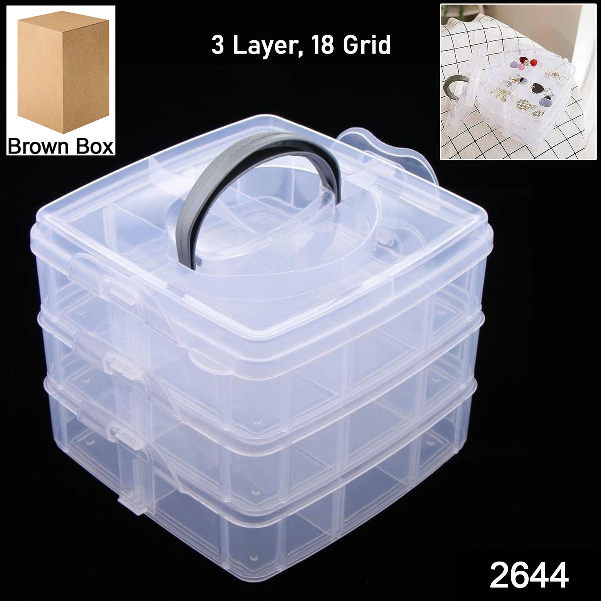 3-Tier 18 Sections Transparent Stackable Adjustable Compartment Slot P ...