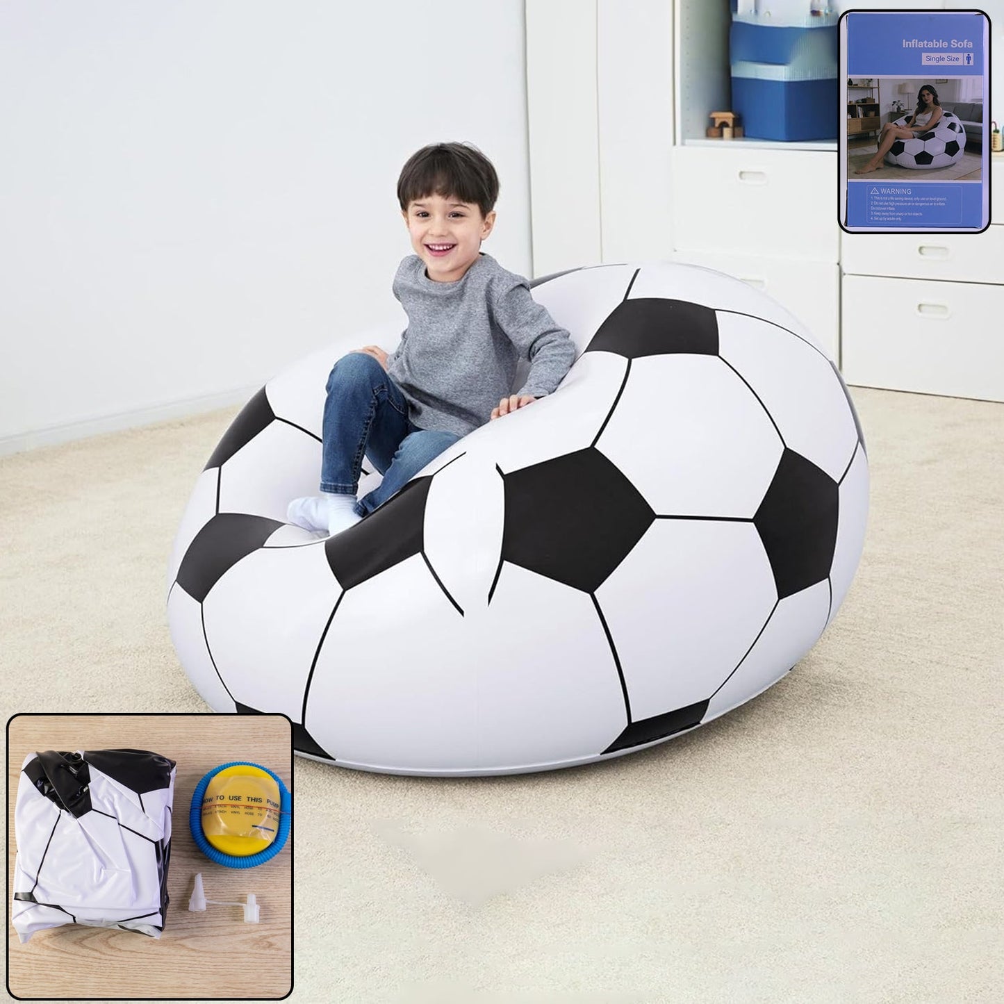 Inflatable soccer ball lounge chair in black and white, perfect for kids' bedrooms and play areas