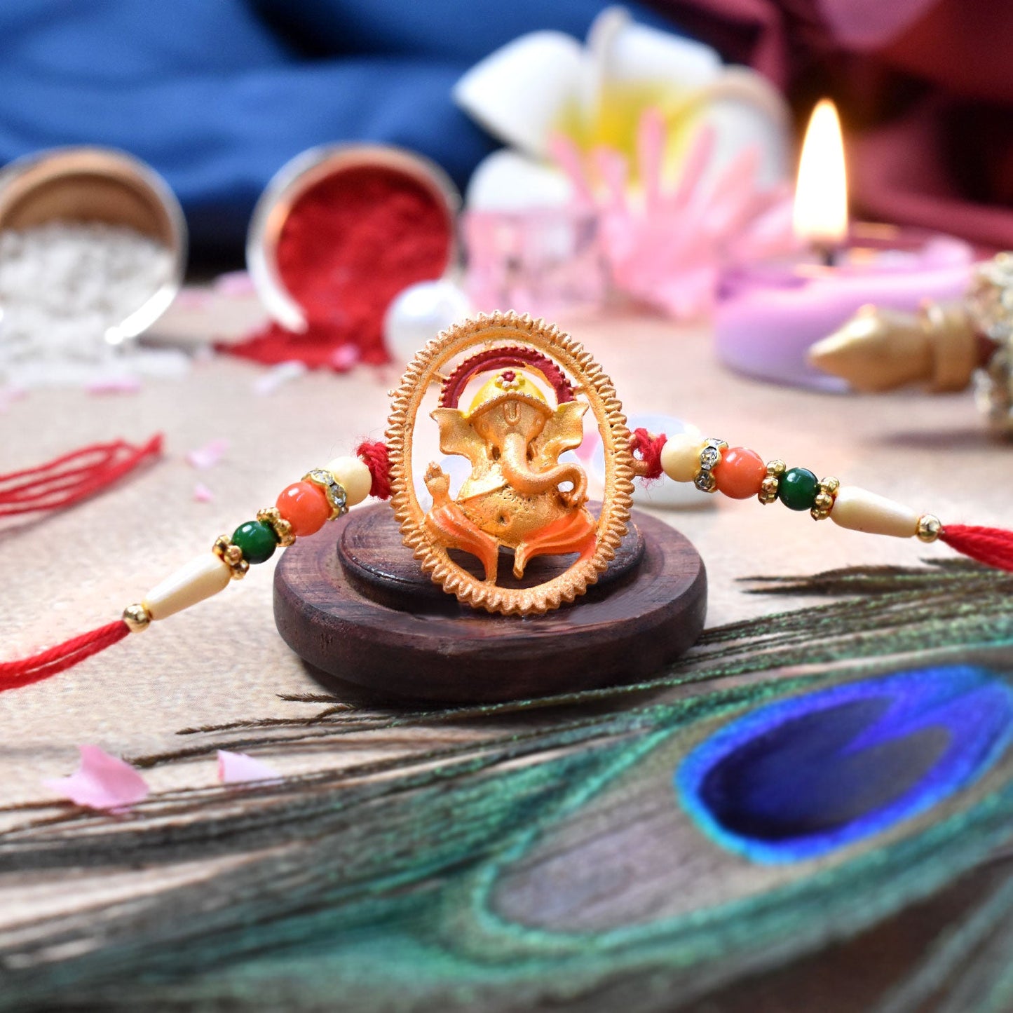 Elegant Ganesha Rakhi featuring golden accents, ideal for Raksha Bandhan celebrations.
