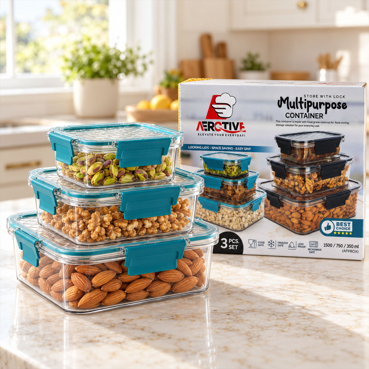 Multipurpose Plastic Containers / Lunch Boxes (3 Pcs Set / 1500, 750, 350 ML Approx)