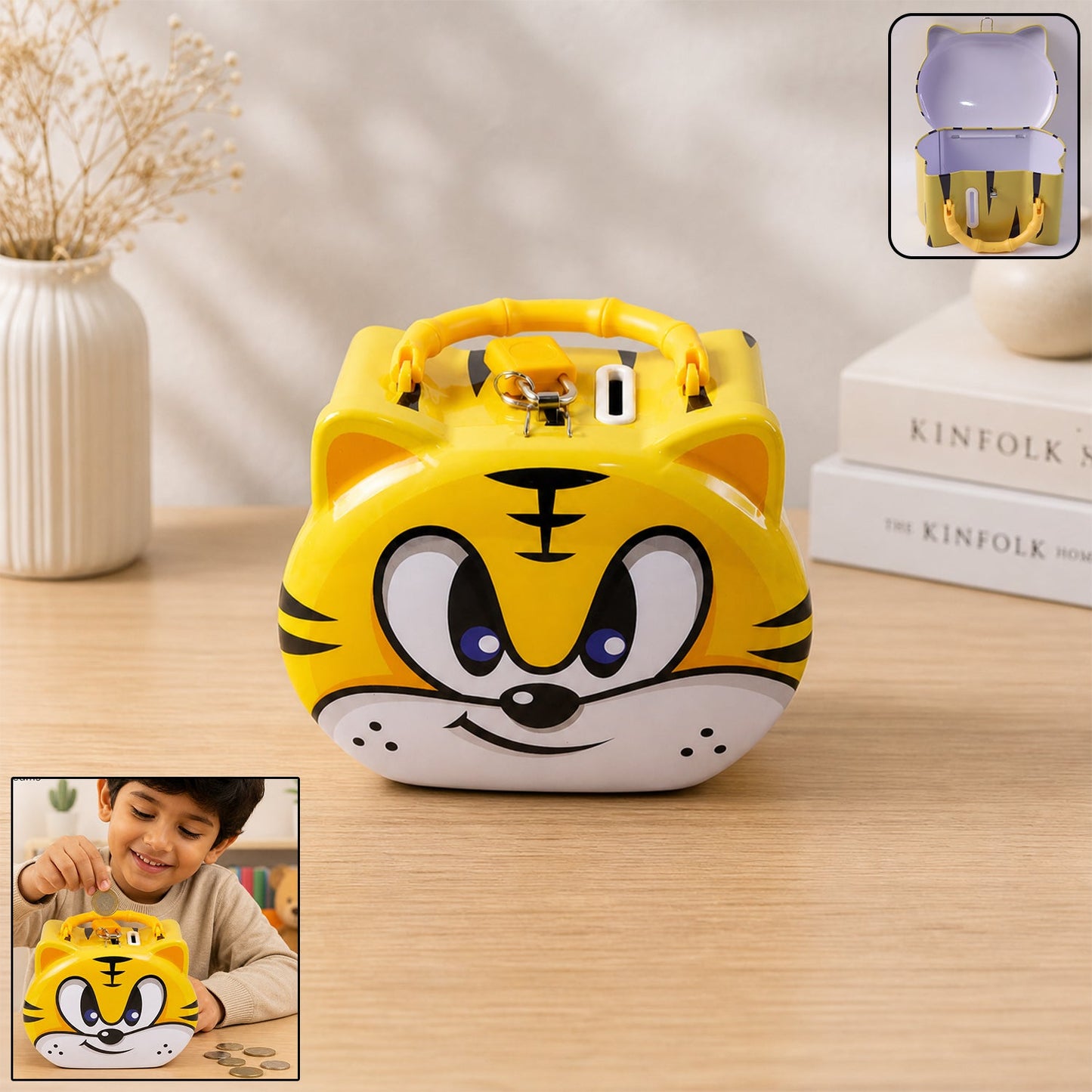 Cute Cartoon Design Metal Piggy Bank with Lock and Key (1 Pc Mix Design)