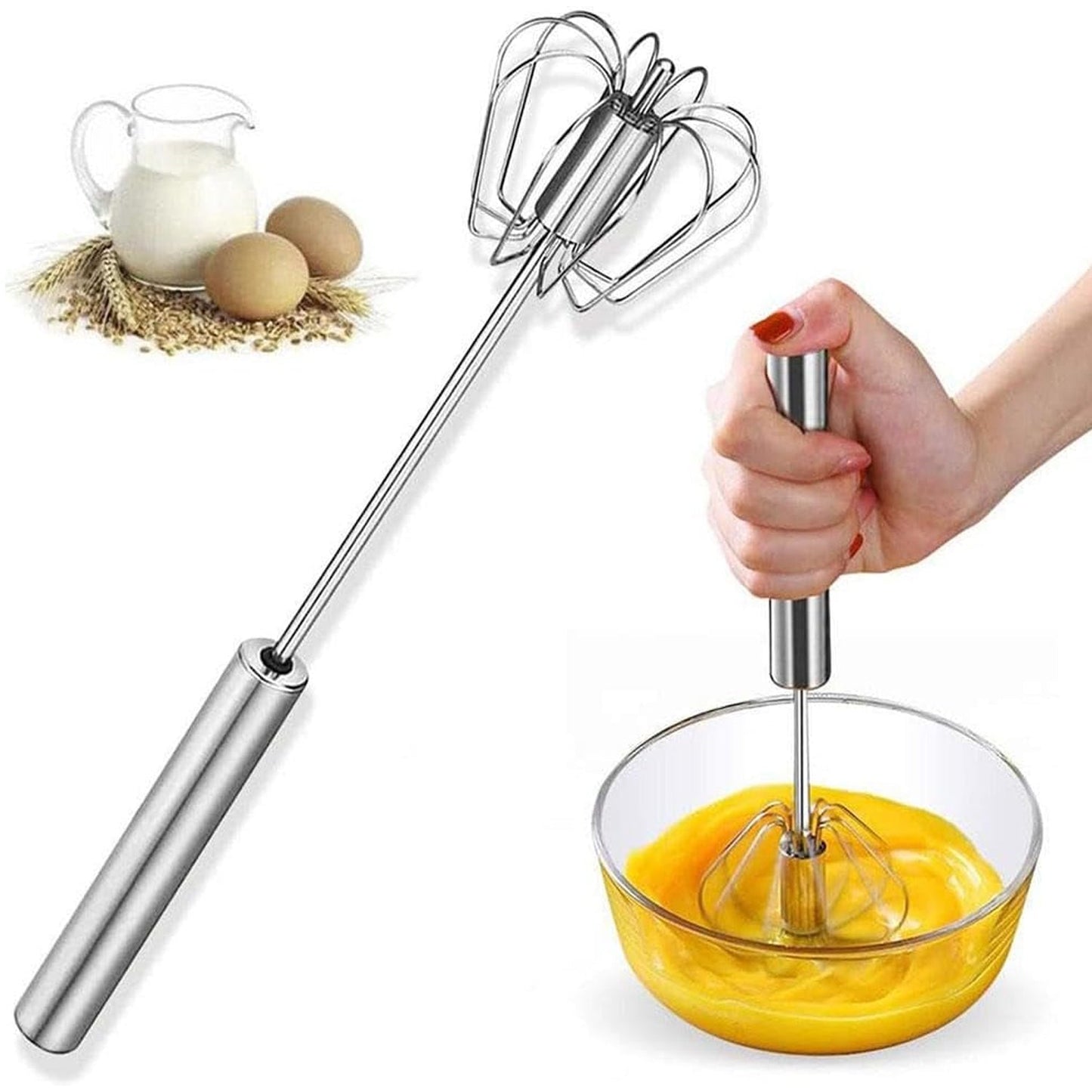 Full view of the 35 cm stainless steel egg whisk, highlighting its sleek design.