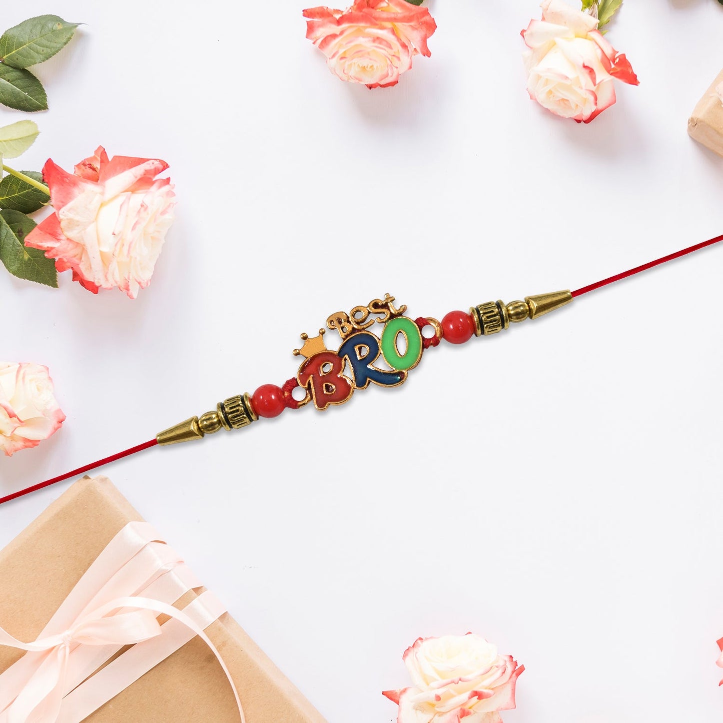 Vibrant colorful beads and sturdy red thread of the Best Bro Rakhi