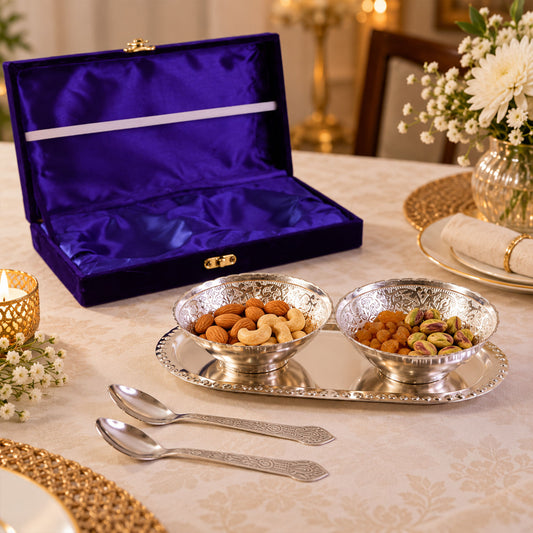 Silver-Plated Brass Bowl & Spoon Set with Velvet Gift Box