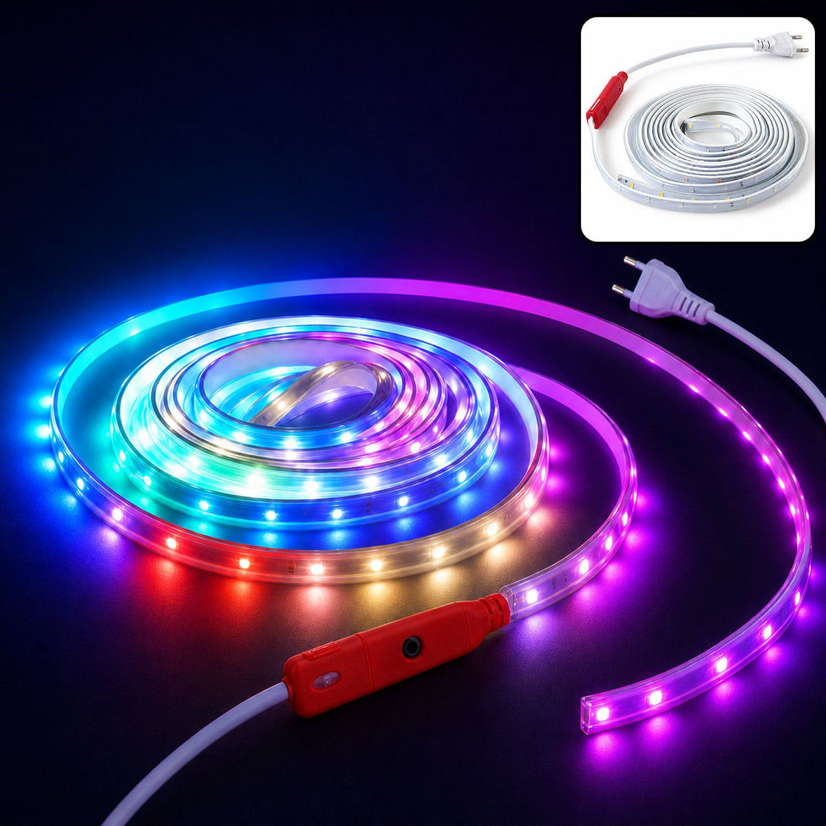 A coiled multicolor LED light strip with a red inline control switch, illuminating a dark room.