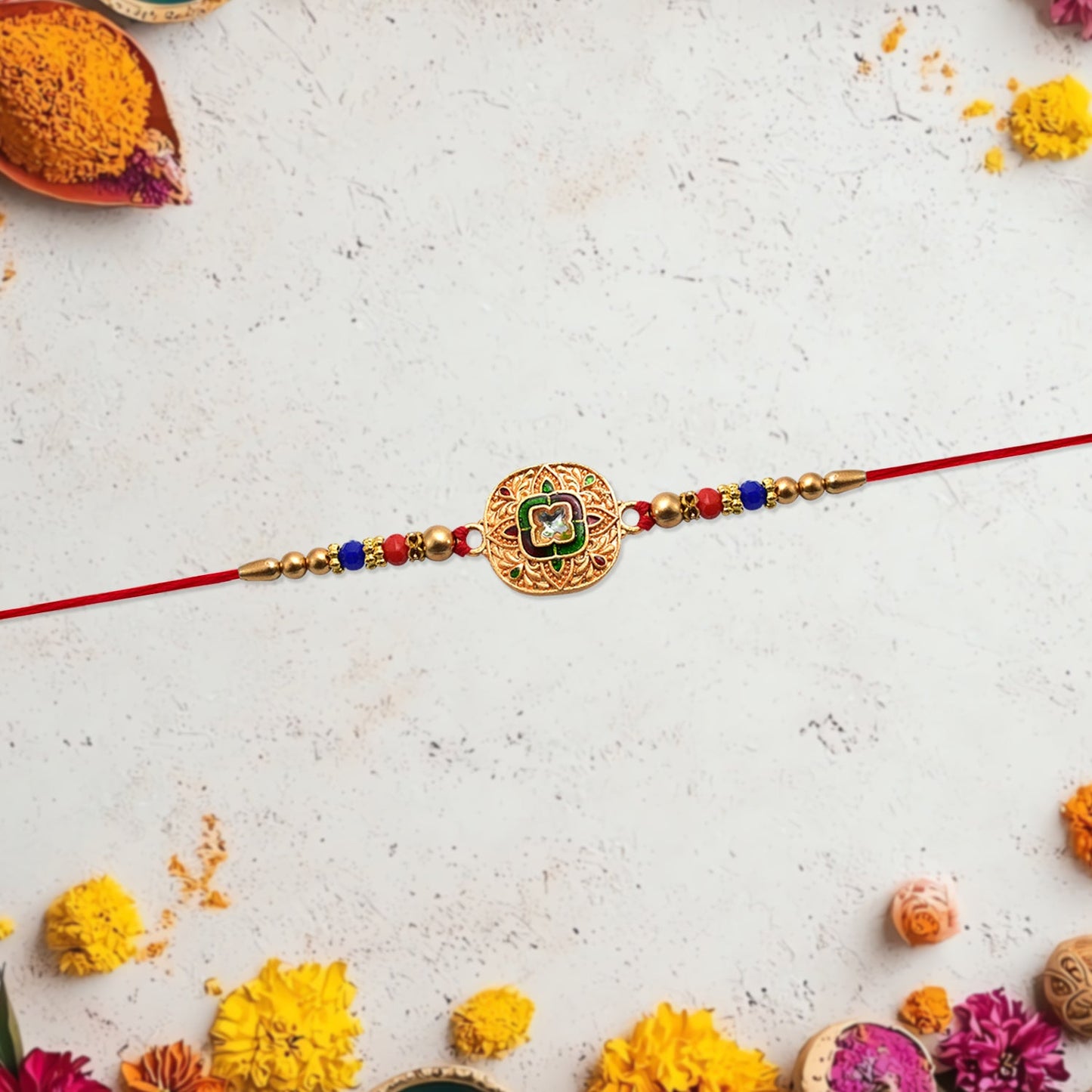 Intricate antique gold detailed Kundan Rakhi displayed on white background