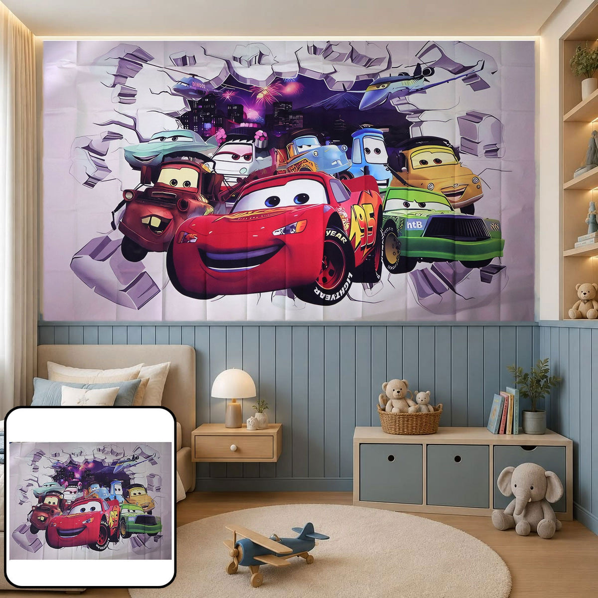 Cartoon racing car broken-wall print backdrop displayed in a child's bedroom