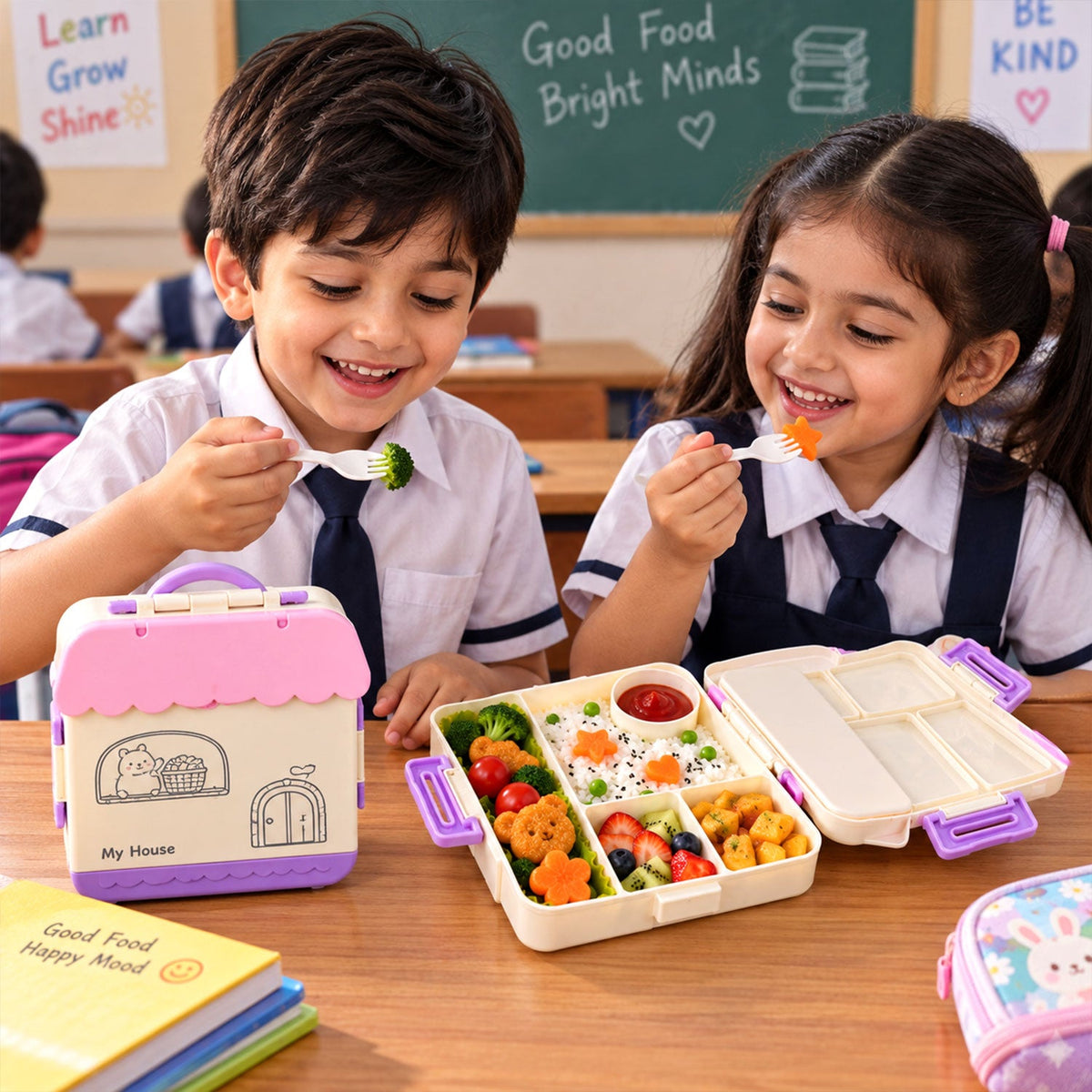 Two smiling children in school uniforms eating from an open house-shaped lunch box filled with colorful food.