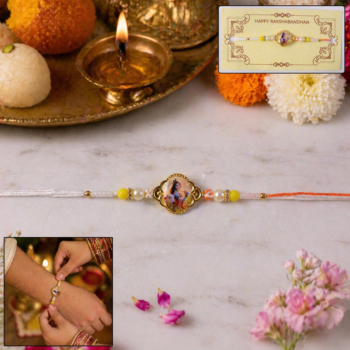 Traditional decorative Rakhi with Lord Krishna image and beads close-up