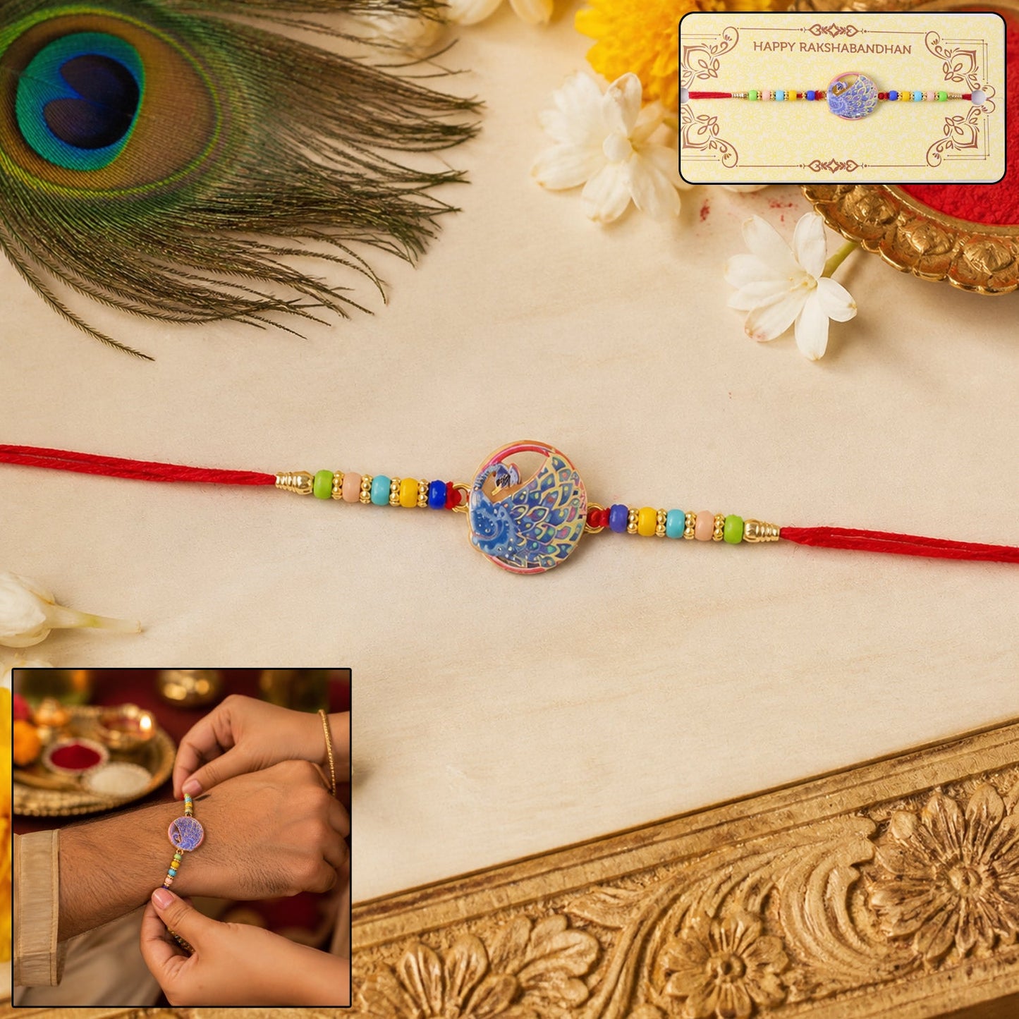 Side view of the Peacock Rakhi highlighting intricate beadwork and soft thread.