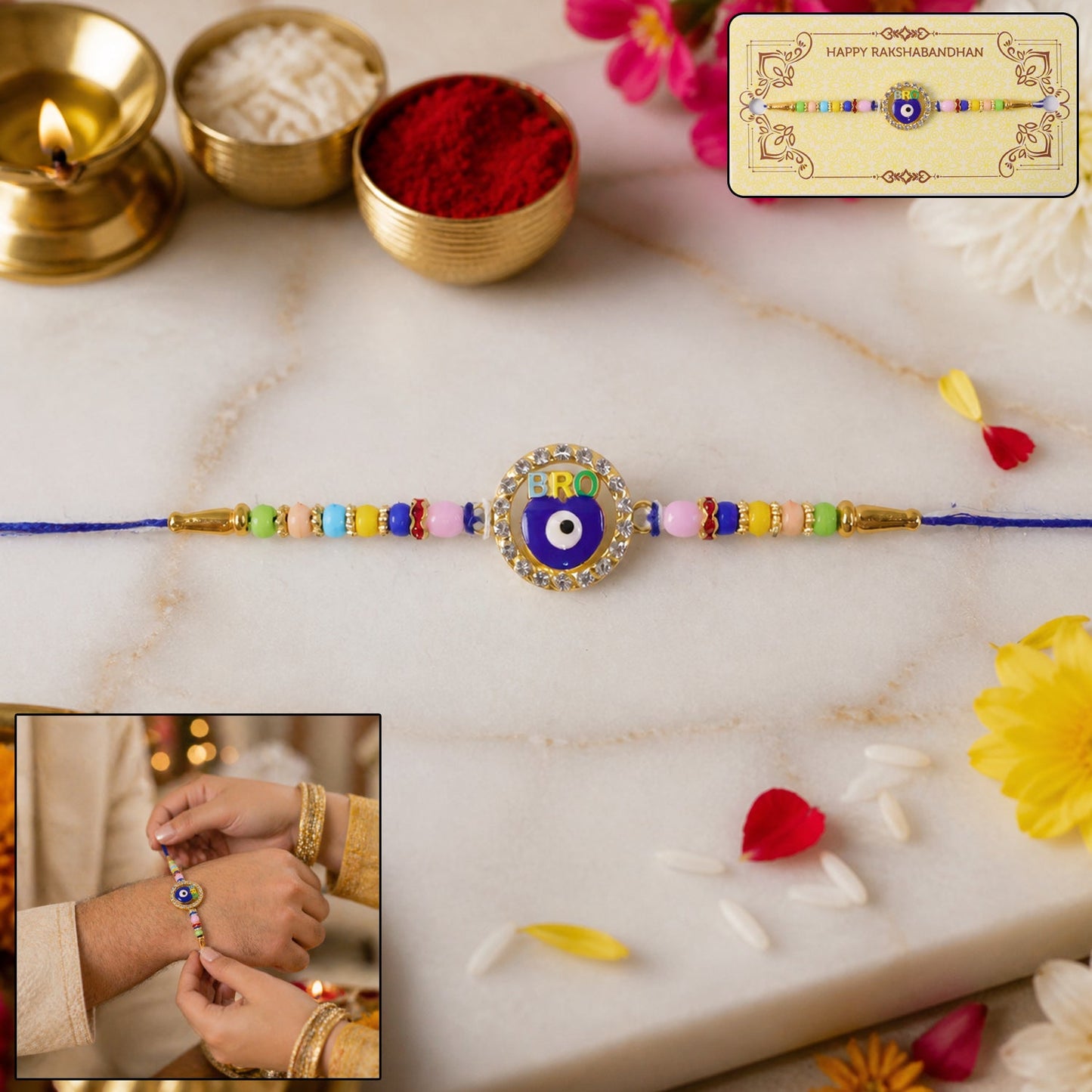 Close-up of decorative beads on evil eye Rakhi