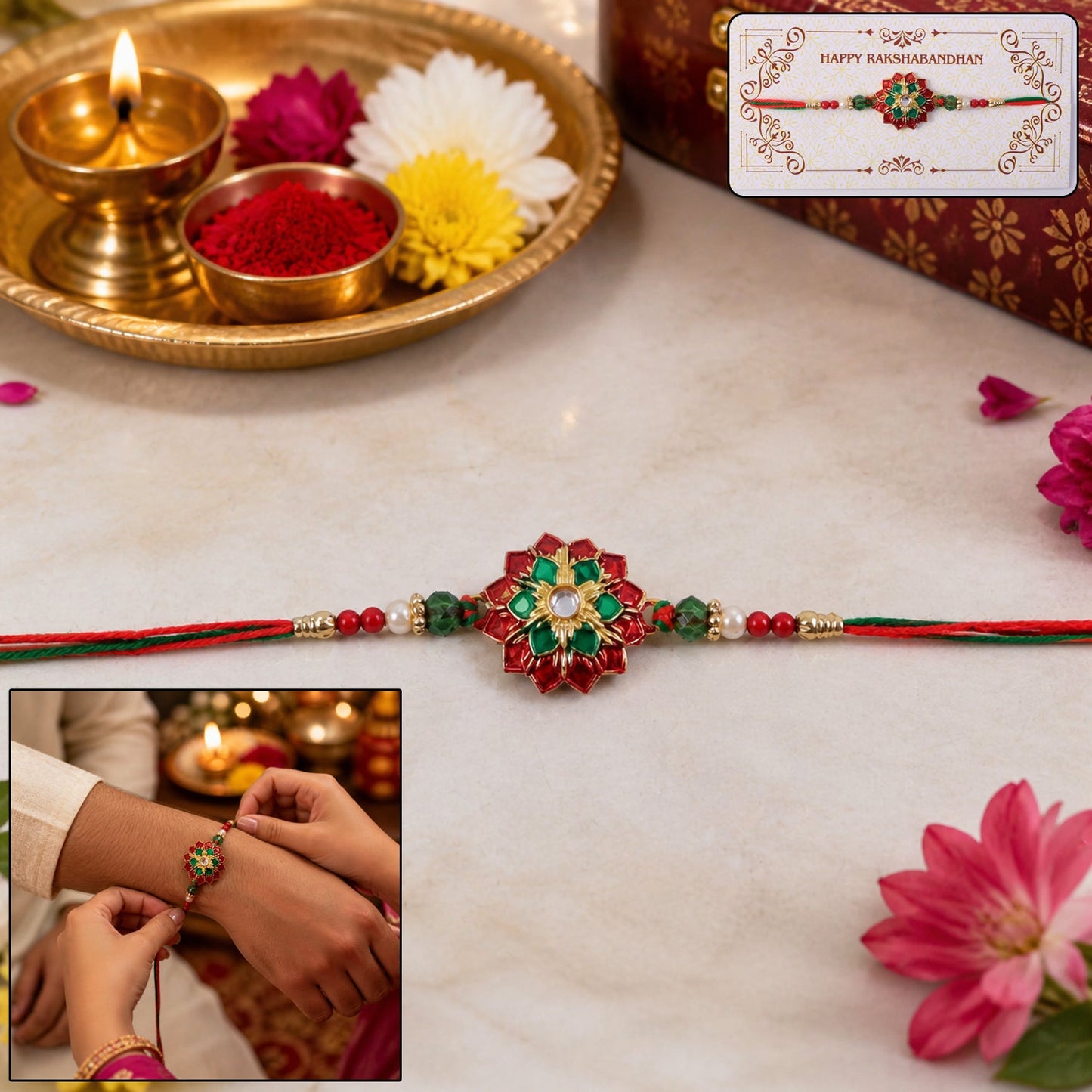 Traditional floral stonework Rakhi with red and green thread