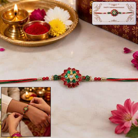 Traditional floral stonework Rakhi with red and green thread