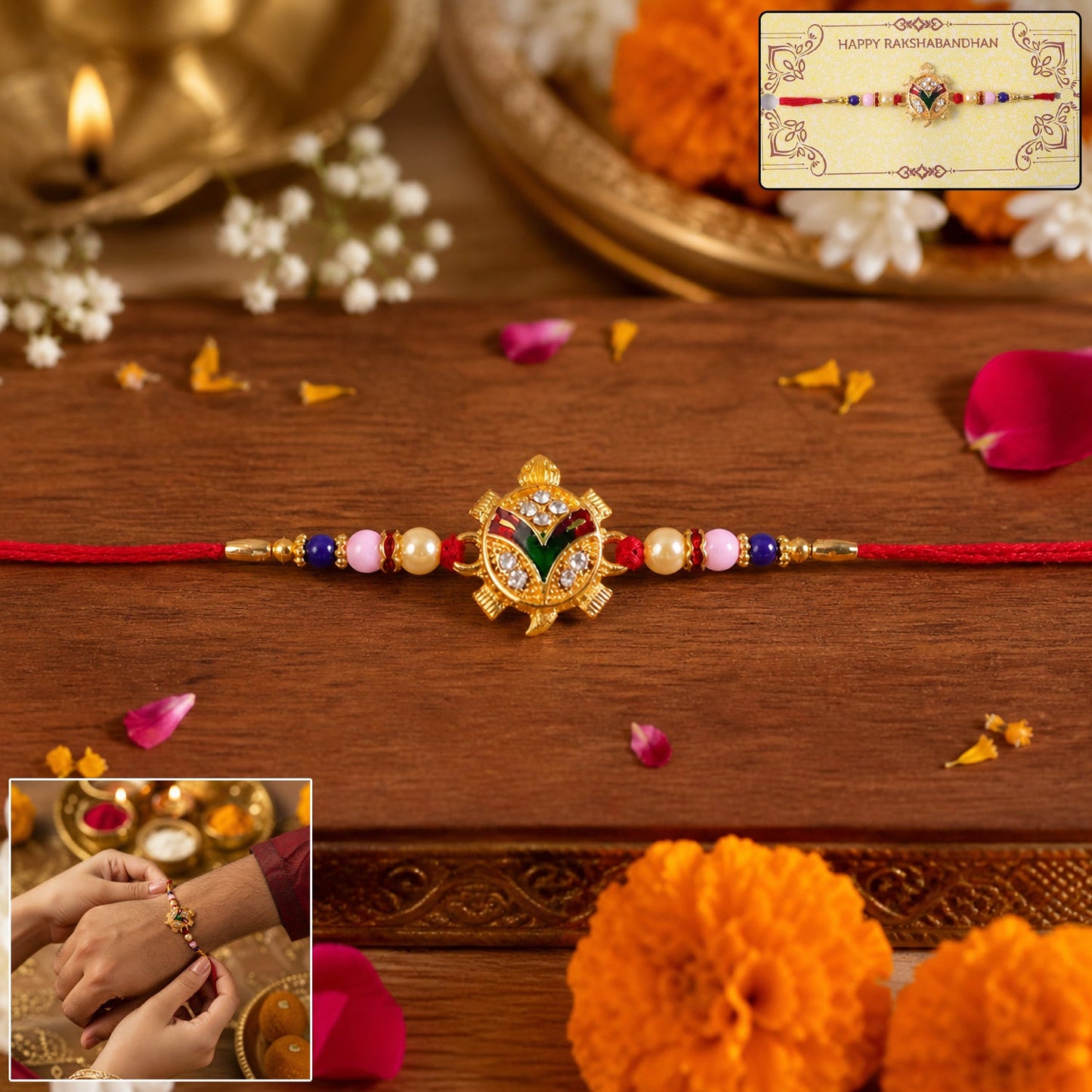 Traditional Tortoise Charm Rakhi displayed on a festive surface