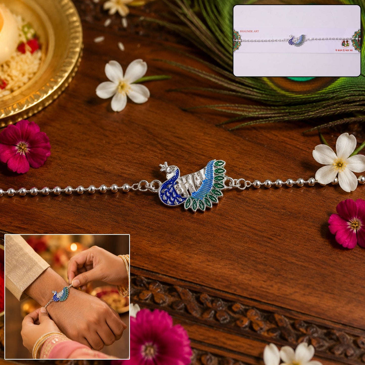 Close-up of silver peacock Rakhi with decorative beads and traditional design
