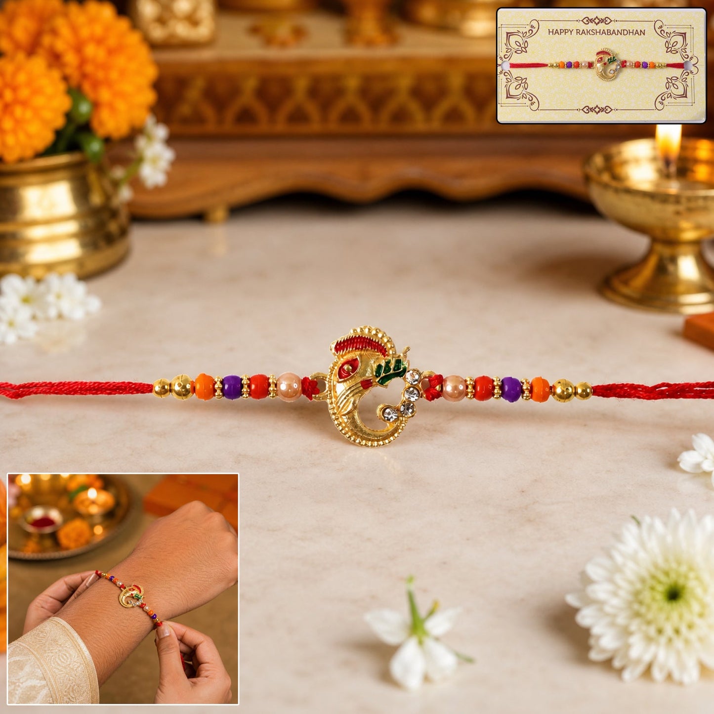 Close-up of Ganesh centerpiece with beads on traditional Rakhi