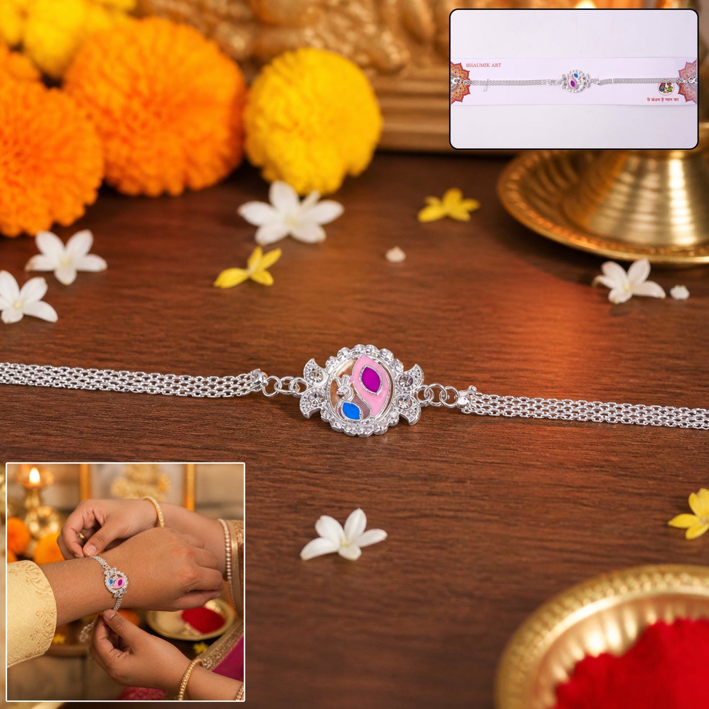 Close-up of peacock motif Rakhi with soft thread and bead embellishments
