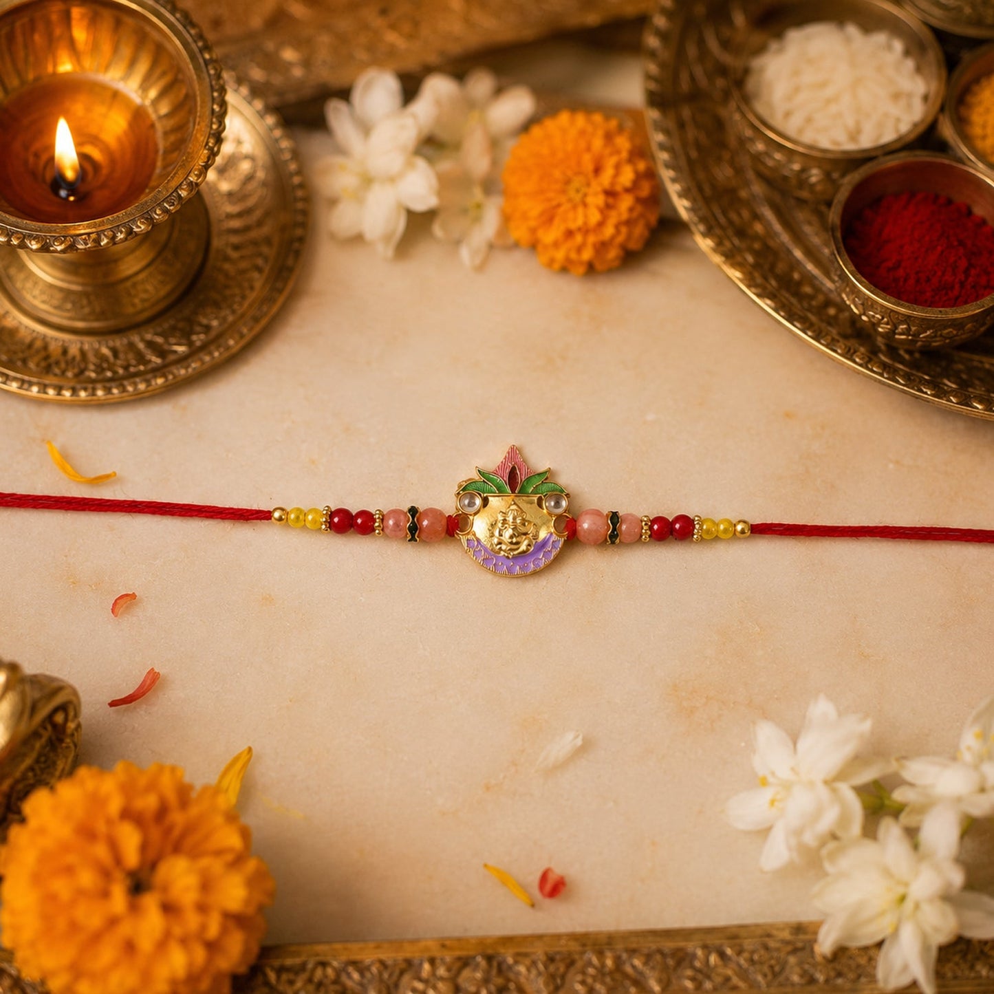 Ganesh Rakhi on white background showing detailed design