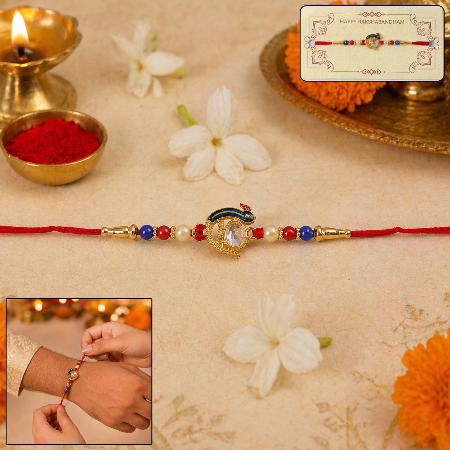 Close-up of decorative Rakhi bead and centerpiece featuring stones and beads