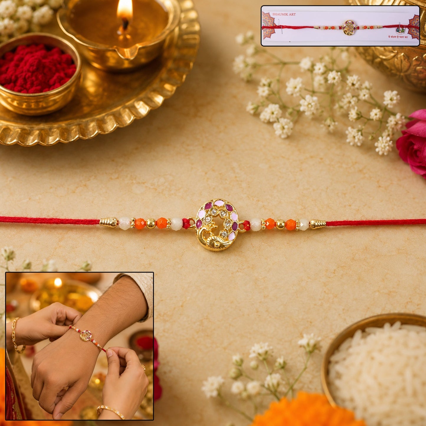 Peacock Rakhi displayed alongside festive decorations celebrating Rakshabandhan