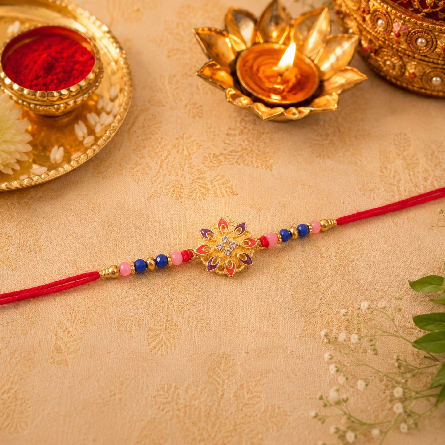 Elegant floral Rakhi with beads on white surface