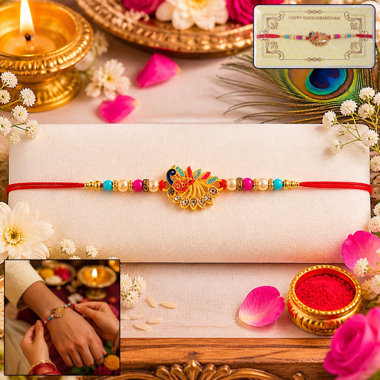 Close-up of peacock design Rakhi with beads and stones