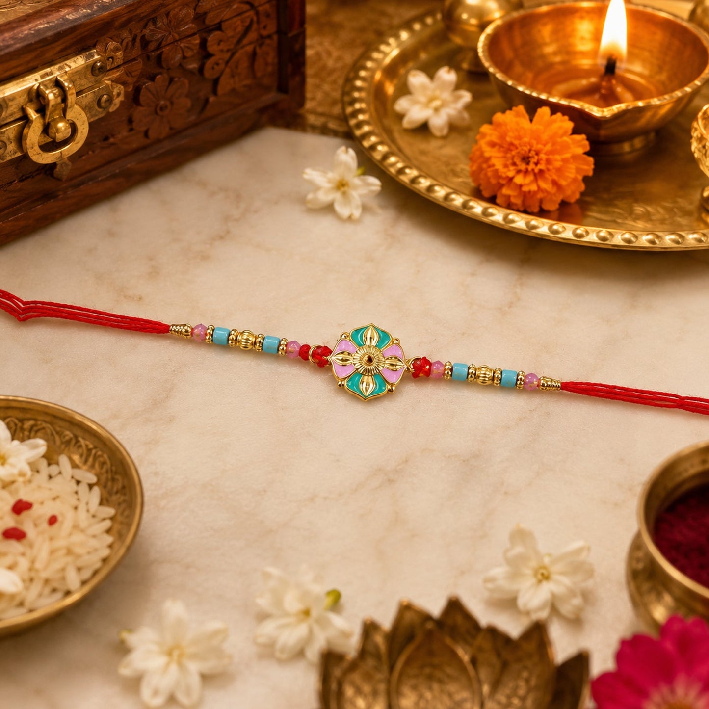 Rakhi tied on wrist with colorful beads and floral design