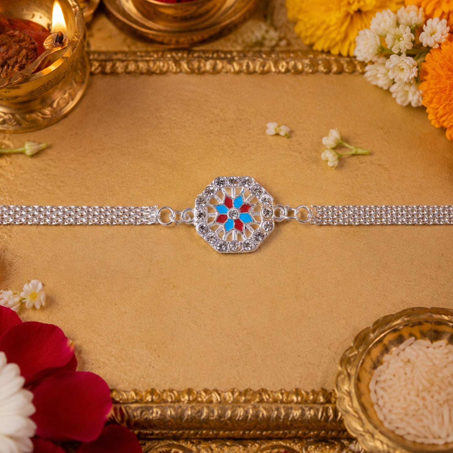 Traditional Rakhi with crystal centerpiece and decorative beads