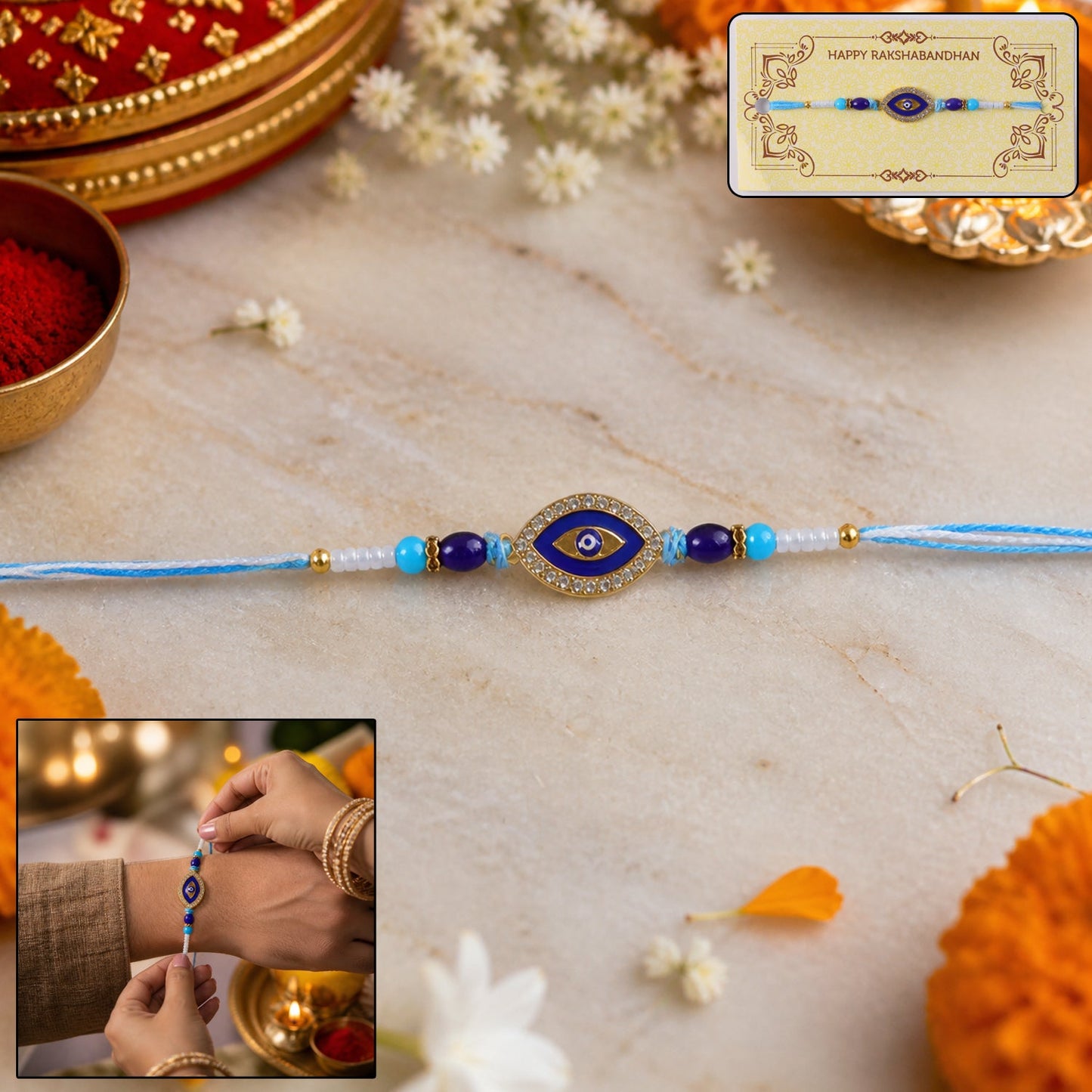 Close-up of blue bead Rakhi with evil eye centerpiece and soft thread