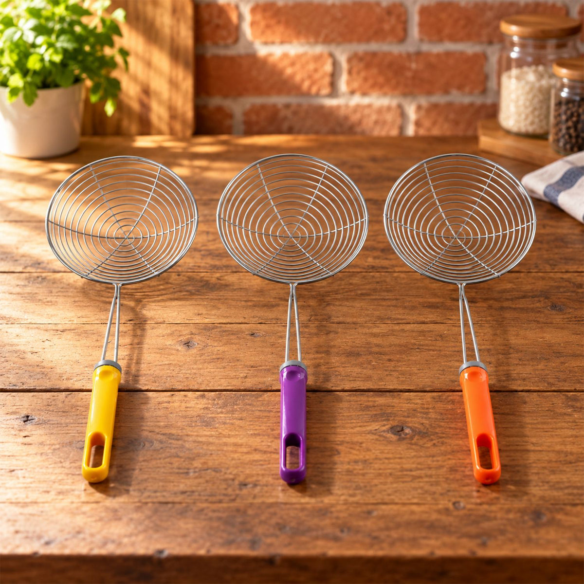 Stainless Steel Frying Oil Strainer Skimmer Spoon with Plastic Handle, Set of 3