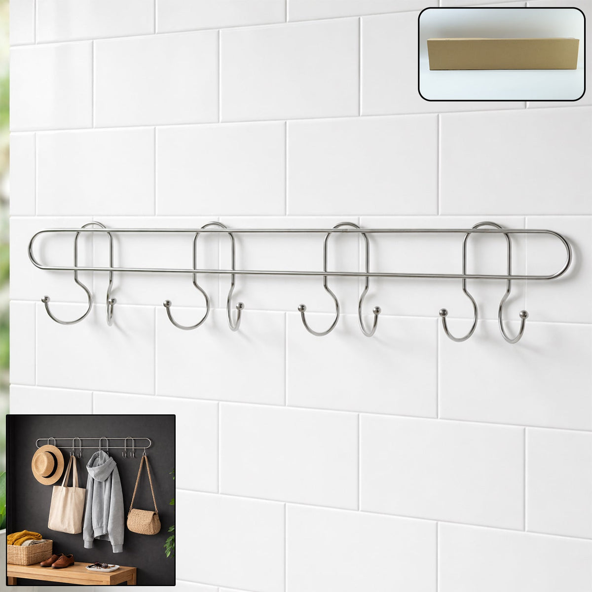 Long Stainless Steel Multi Hook Rack for Home Wall, Clothes and Bags (1 Pc)