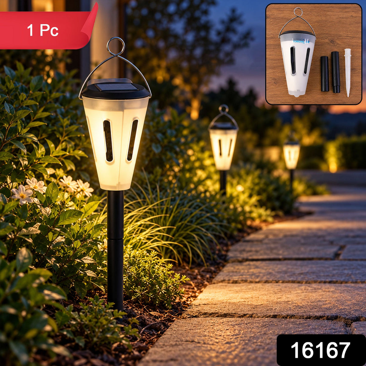 A single solar-powered garden light illuminates a stone path at dusk, with an inset showing its parts.