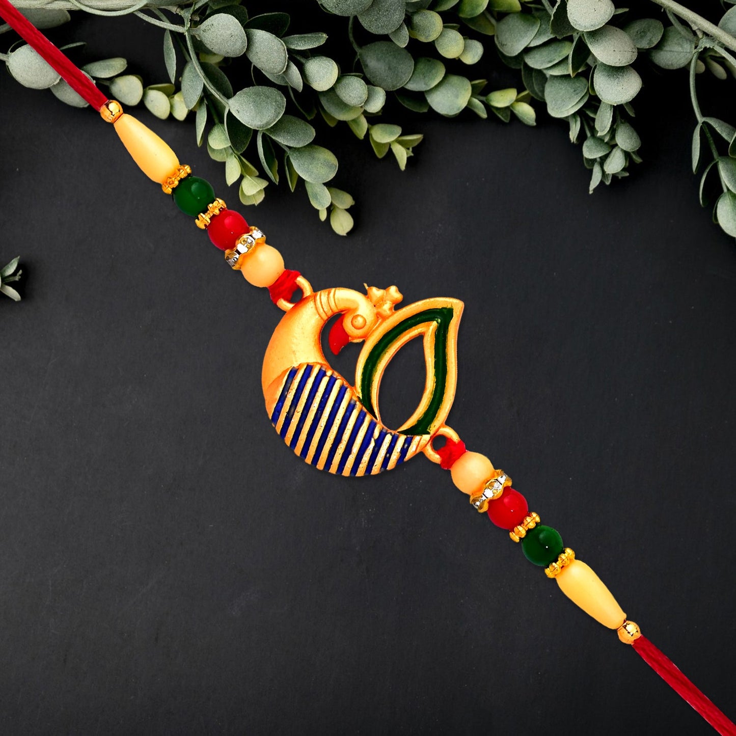 Beautiful Peacock Feather Rakhi focusing on vibrant and symbolic feather motif.