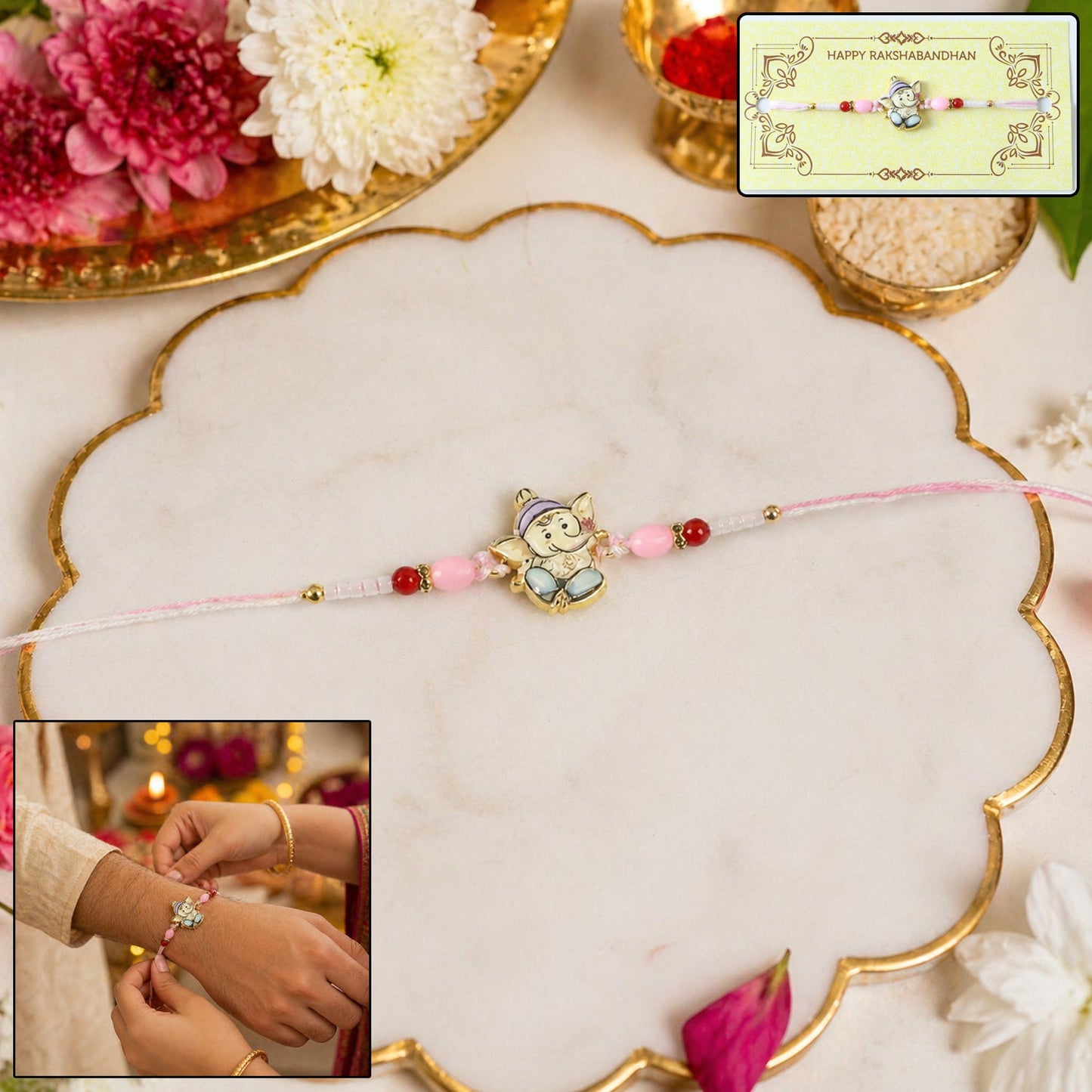 Close-up of Ganesha Rakhi centerpiece and decorative beads