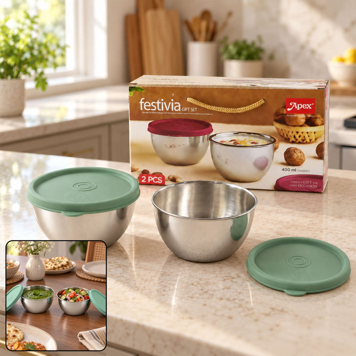 Steel container 400ml lid kitchen gift set