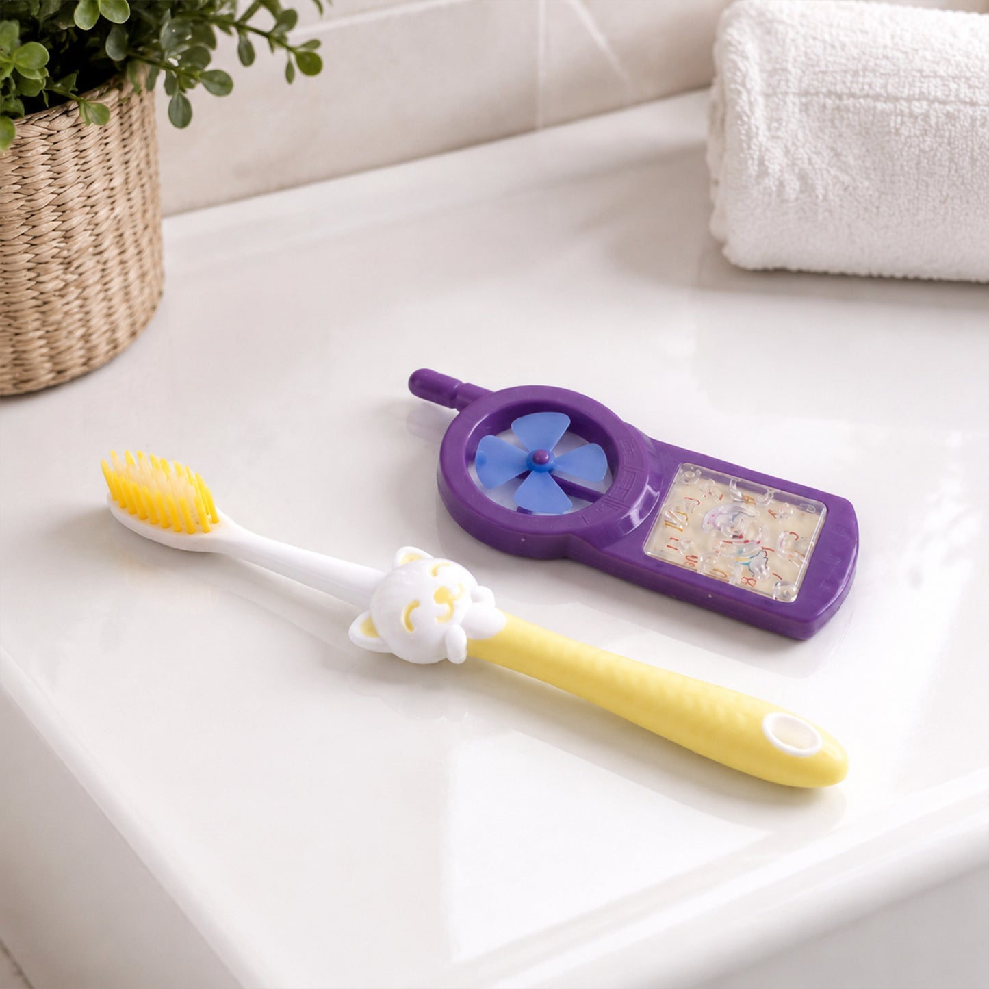 Kids Cartoon Design Toothbrush with Fan Toy Set (2 Pc Set)