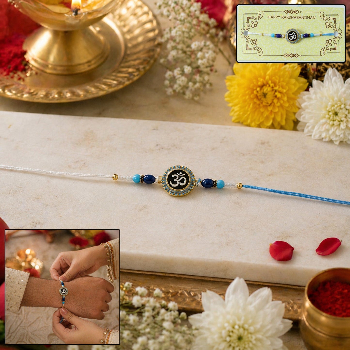 Closeup of Om symbol Rakhi with beads