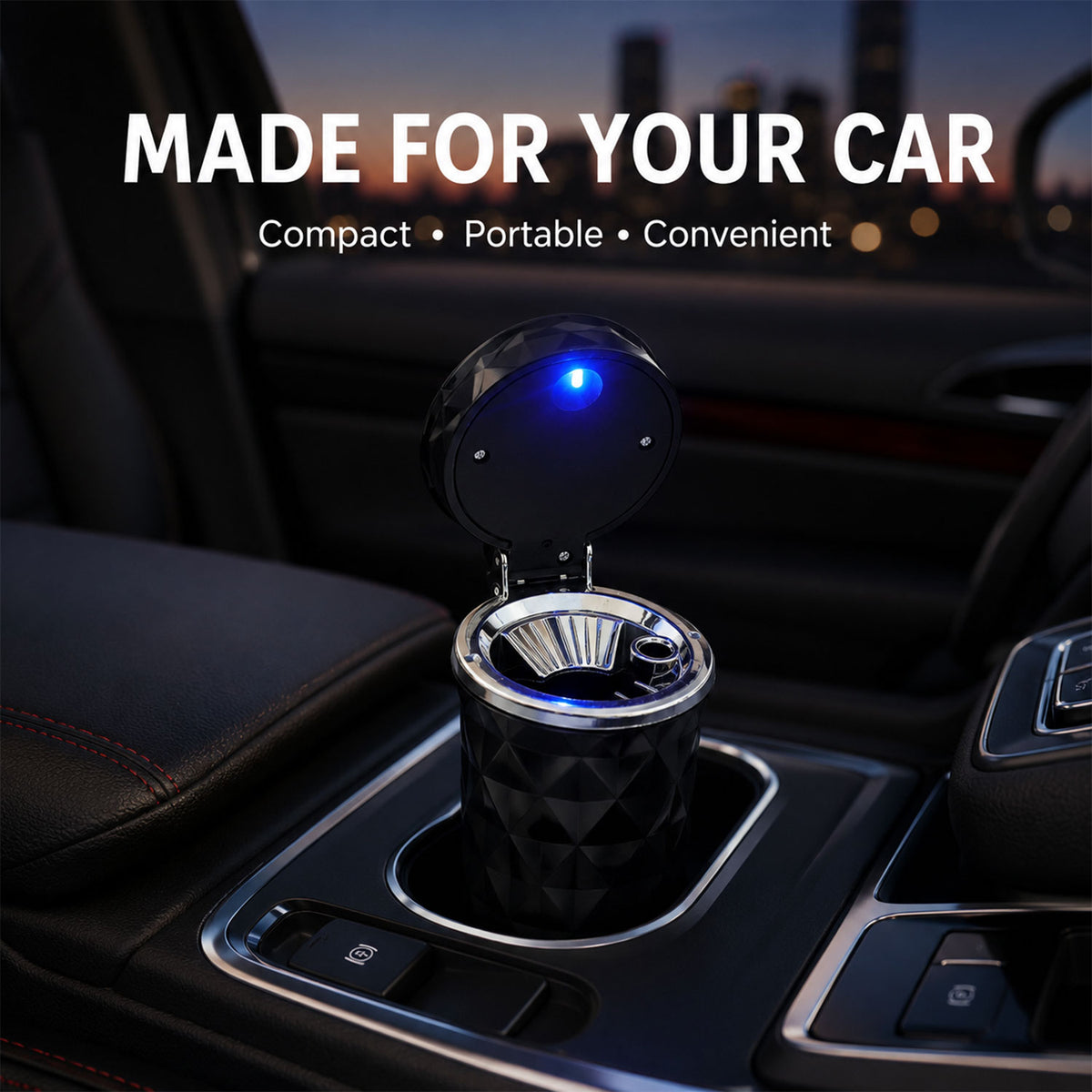 Car Cupholder LED Ashtray – Portable with Blue Light, Lid & Waste Bin, Cigarette Ashtray