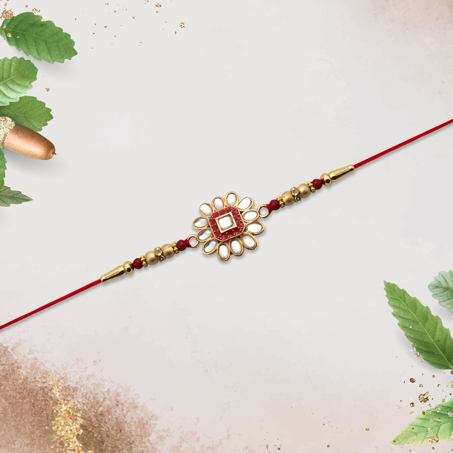 Overhead view showcasing craftsmanship of flower design on Traditional Rakhi.