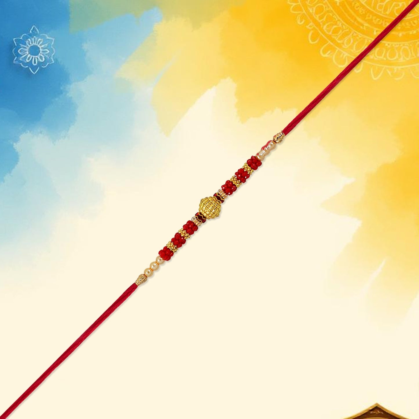 Elegant Red Bead Rakhi thread decorated with golden center and pearls