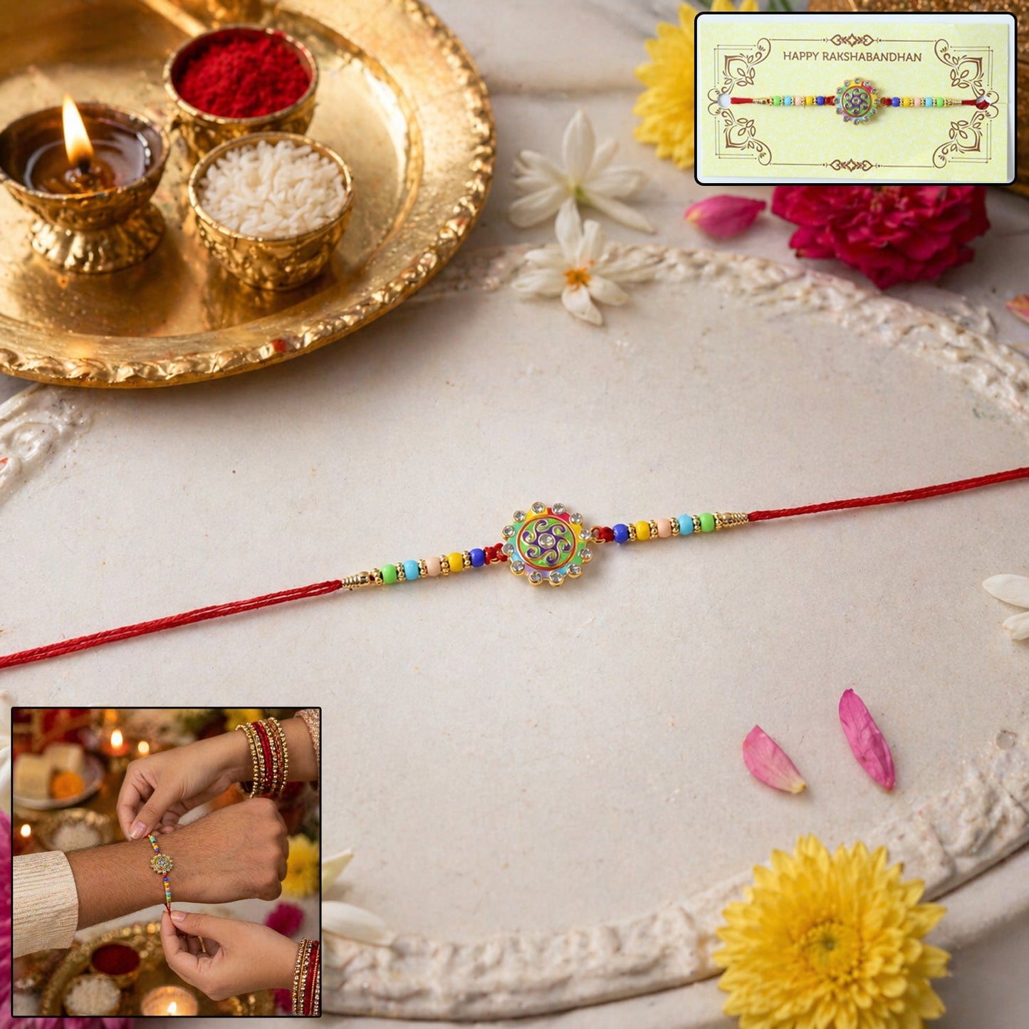 Close-up of multicolor beads on traditional Rakhi