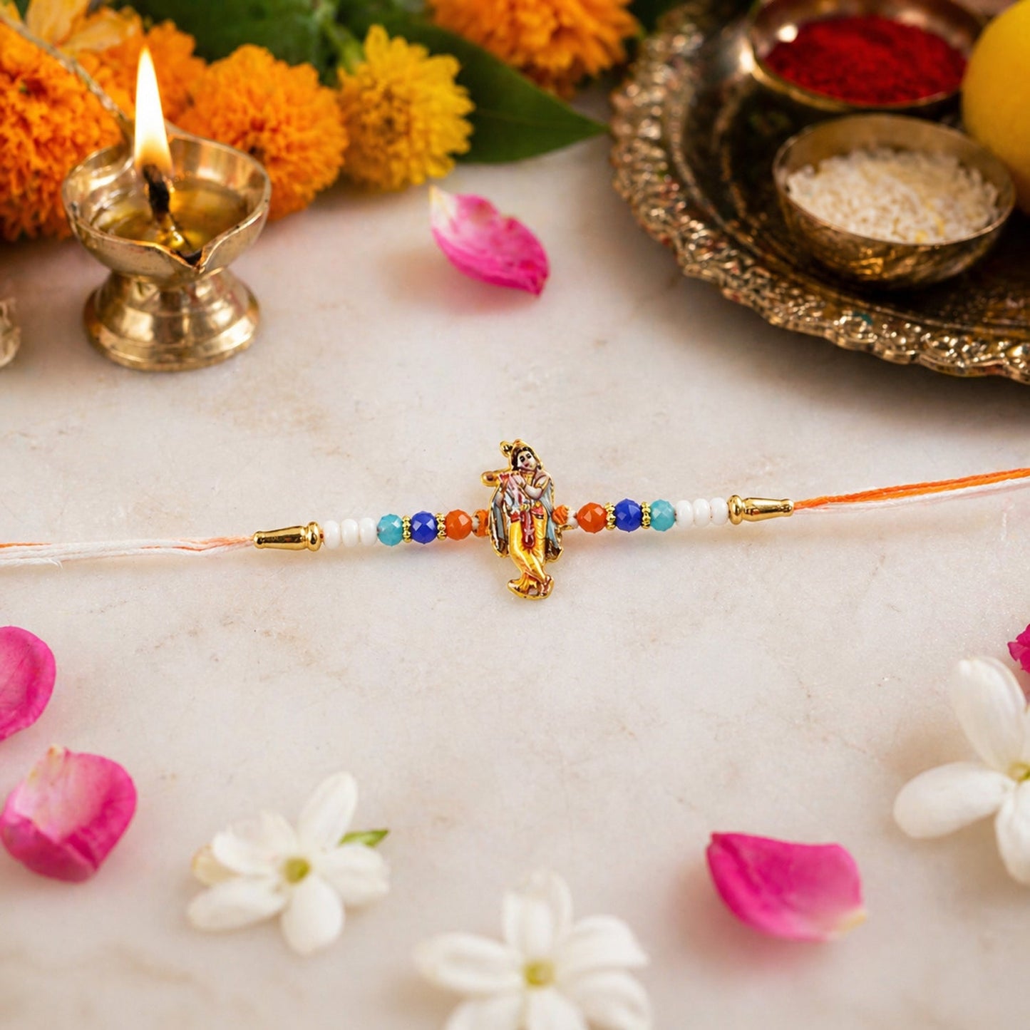 Decorative beads and thread of spiritual Rakhi for celebration