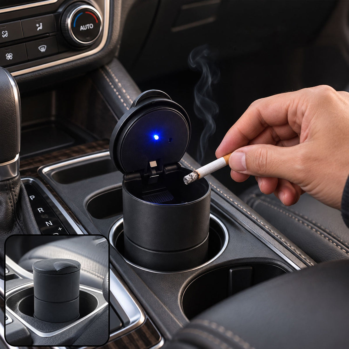 A hand holding a lit cigarette over an open black car ashtray with a blue LED light, placed in a vehicle's cup holder.