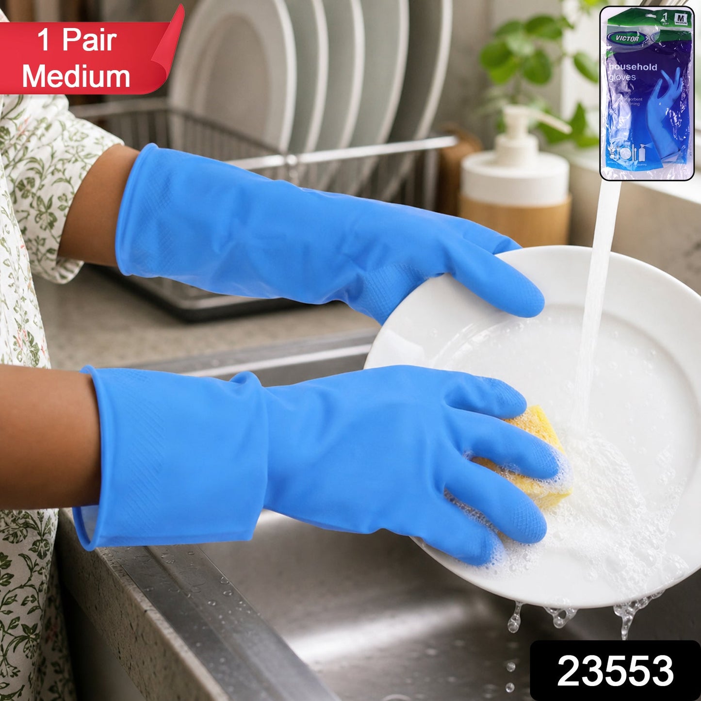 Blue gloves dishwashing close-up