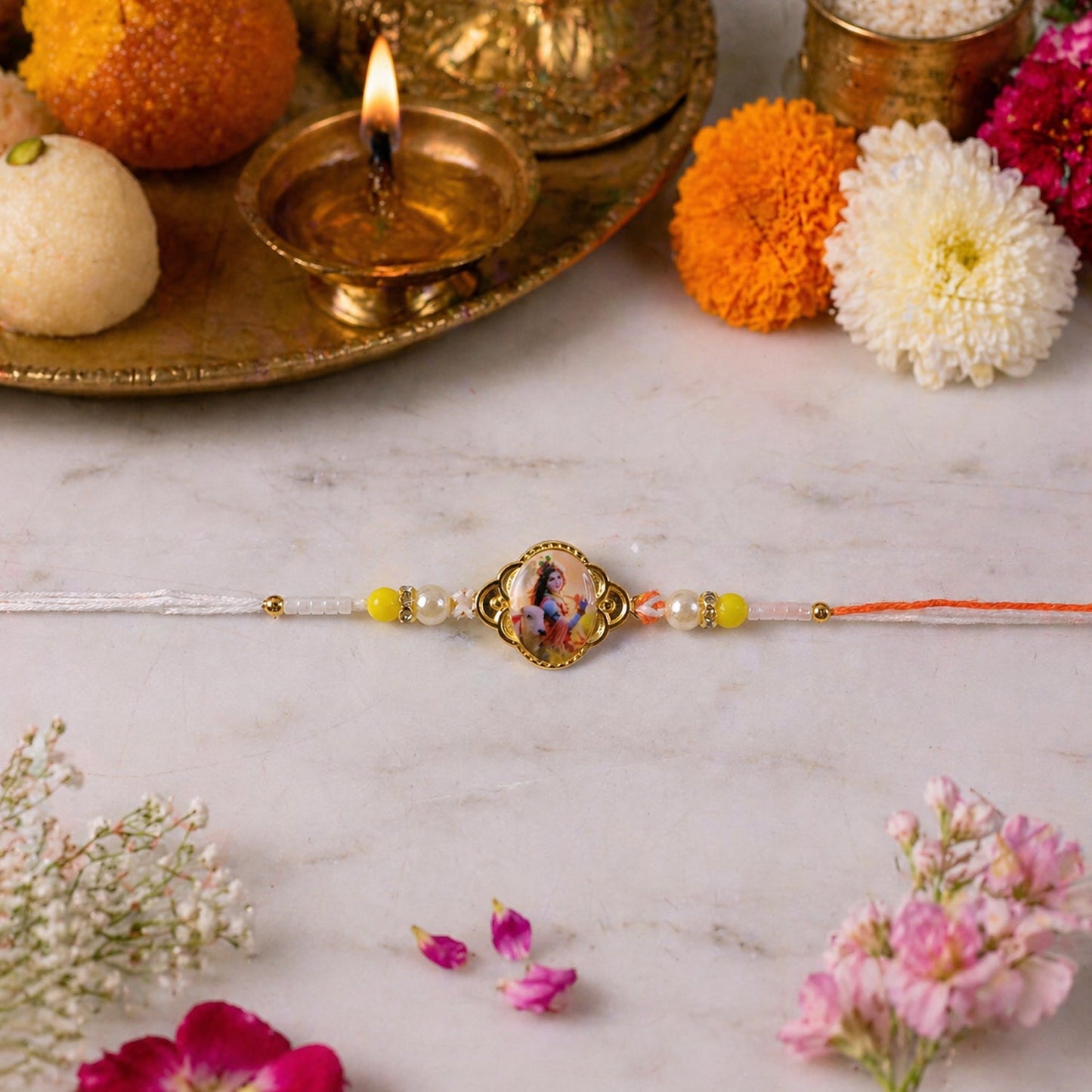 Stylish Lord Krishna Rakhi featuring intricate beadwork and vibrant design