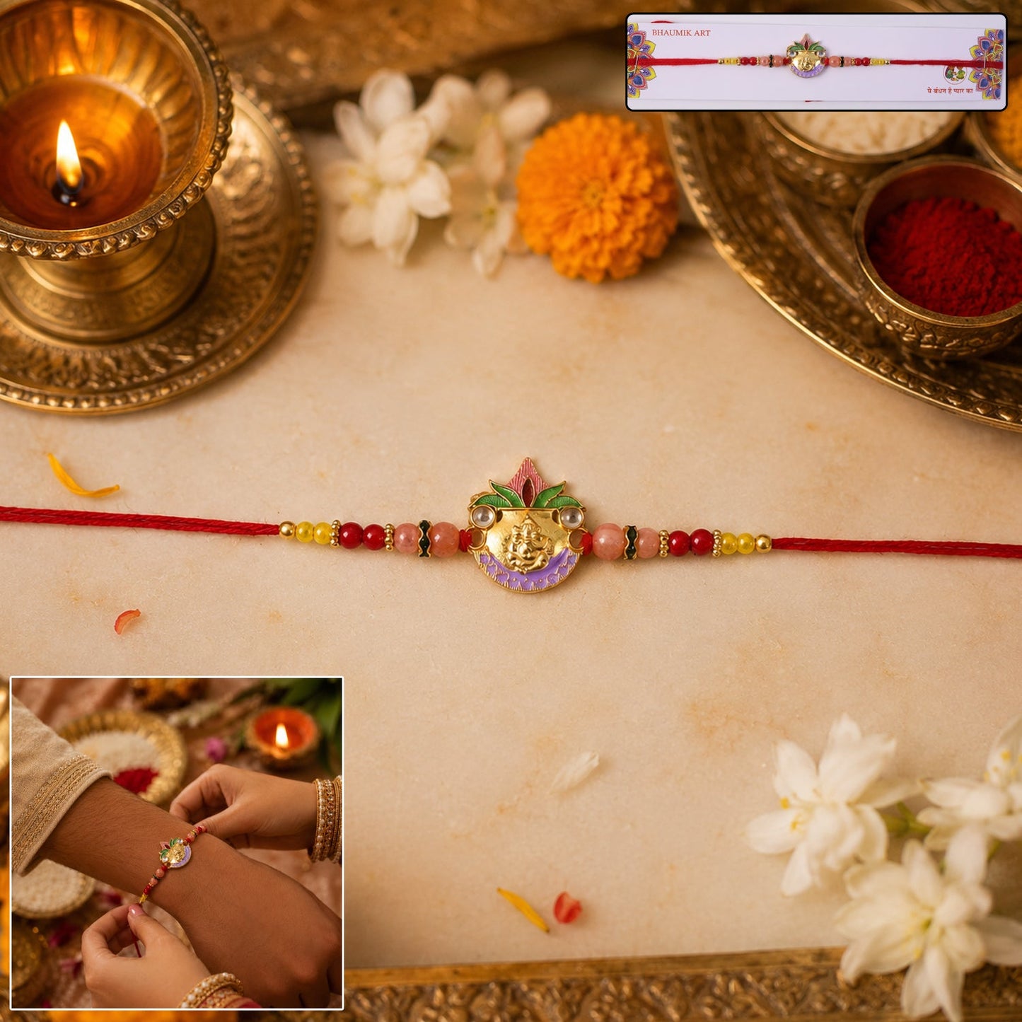Vibrant decorative beads on Ganesh Rakhi with colorful design